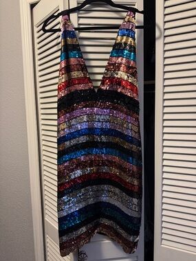 Free People Multicolor Sequin Striped V-Neck Dress NWT